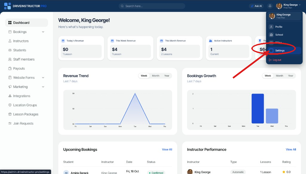 DriveInstructor Pro dashboard with the profile menu open and Settings highlighted