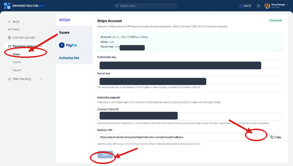 DriveInstructor Pro Stripe Account settings with API key and Connect Client ID fields