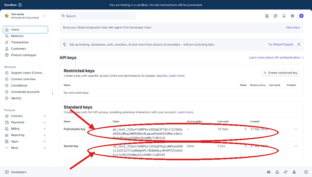 Stripe Dashboard API keys page showing publishable and secret keys in test mode