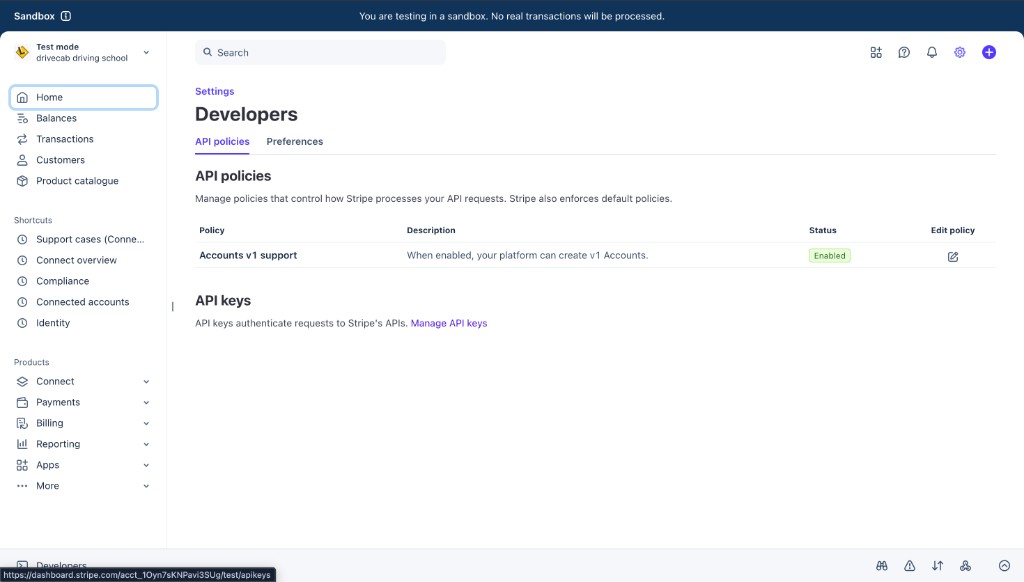 Stripe API policies page with Accounts v1 support enabled
