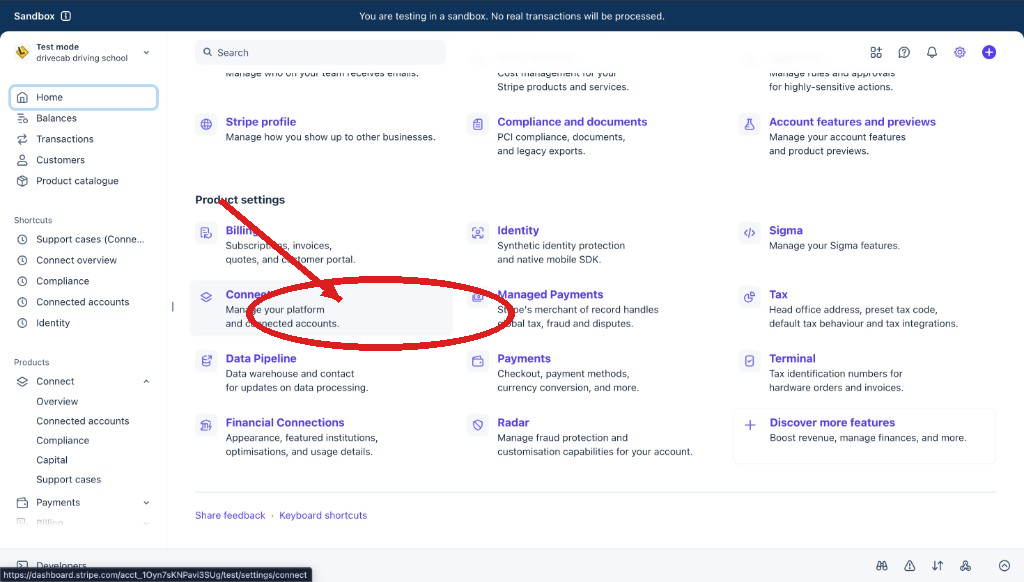 Stripe settings page with the Connect product settings tile highlighted