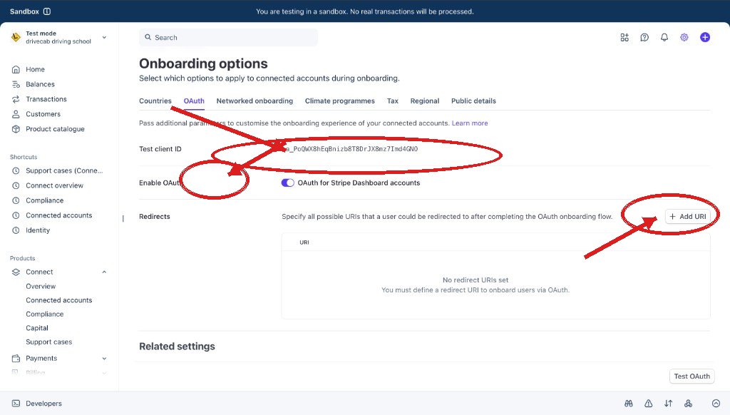 Stripe Connect onboarding options OAuth tab with Enable OAuth turned on
