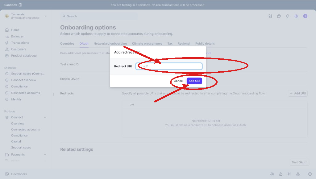 Stripe Add redirect URI dialog for Connect OAuth